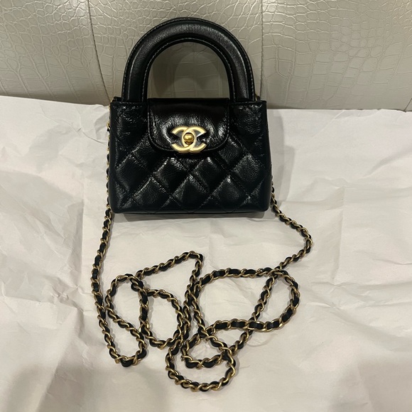 Chanel Kelly Black Top Handle Nano Mini SLG Purse w/Chain Micro Shopping Bag 23K - Picture 3 of 15